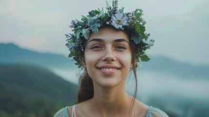 Wall Mural - A woman wearing a flower crown on her head is smiling in a field of grass, showcasing a happy and fun headpiece at an event. The flower is a fashion accessory that adds to her joyful expression AIG50