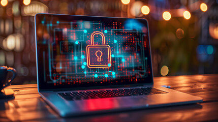 Poster - digital padlock display on laptop, cyber security technology online internet data protection cyber t