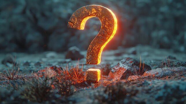 Glowing question mark in a rocky terrain at dusk symbolizes curiosity, mystery, and the search for answers. Futuristic, surreal setting.