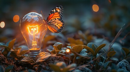 A butterfly emerging from a light bulb symbolizes transformation and the genesis of novel ideas.