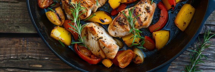 Wall Mural - A close-up shot of grilled chicken breast, red and yellow bell peppers, and rosemary sprigs in a cast iron skillet on a rustic wooden table