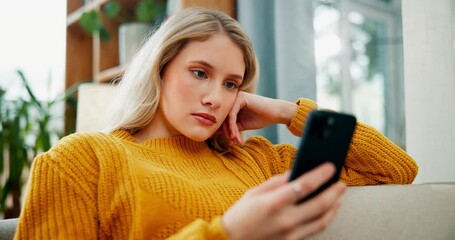 Poster - Woman, relax and typing with phone on sofa for online browsing, social media or news at home. Female person scrolling on mobile smartphone for choice, selection or research in living room at house