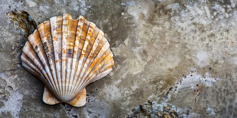 A single scallop shell lies on a rough, gray concrete surface. The shell is pale with brown and white stripes