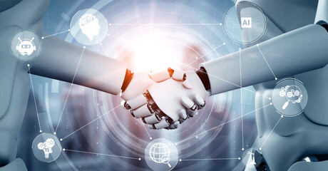 Poster - mlp 3d illustration hominoid robot handshake to collaborate future technology development by ai thin