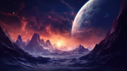 Sticker - the fantasy picture of high mountain landscape with giant stars and space nebula lighting in the nig