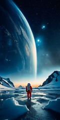 Wall Mural - Astronaut on a cold snowy planet. Winter snowy landscape of Antarctica with a view of the planets. The astronaut looks into the cold future, fantasy illustration concept, vertical oreintation