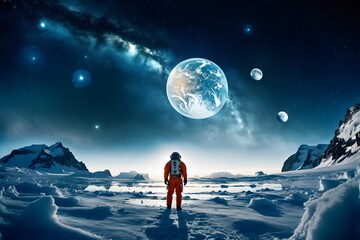 Wall Mural - Astronaut on a cold snowy planet. Winter snowy landscape of Antarctica with a view of the planets. The astronaut looks into the cold future, fantasy illustration concept