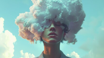 Wall Mural - young woman experiencing confused thoughts with cloud on head generative ai