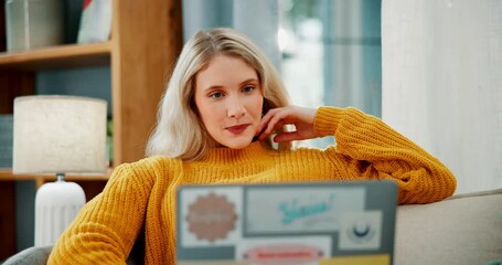 Canvas Print - Woman, working and laptop on couch with remote job and freelance writer at home with tech. Research, planning and smile from creative article for blog and social media with digital journalist