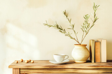 Wall Mural - Neutral Mediterranean home design. Textured vase with olive tree branches, cup of coffee. Books on wooden table. Living room still life. Empty wall copy space.