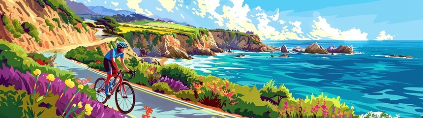 A cyclist riding along the coastline in California, in the style of colorful digital art, illustration, vibrant colors, detailed landscape, blue sky and ocean background