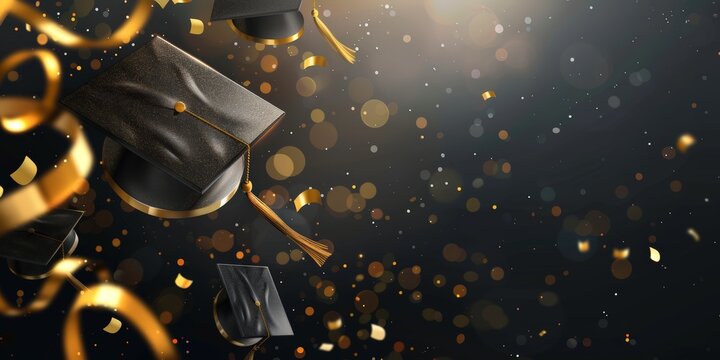 A celebratory image of black graduation caps falling through the air, surrounded by golden confetti