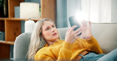 Poster - Home, surprise and woman with smartphone, wow and scrolling with mistake, glitch and expression. Person, apartment and girl with cellphone, emoji and shocked with omg, alert and online announcement