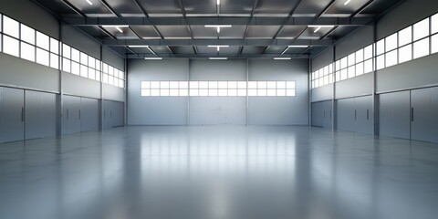 An empty warehouse with large windows and a grey concrete floor. The space is well-lit by natural light and has a clean, modern feel