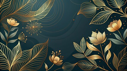 Luxury minimal style wallpaper with golden line art flower 