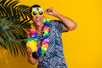 Canvas Print - Photo of funky cool guy dressed print shirt flower accessory drink cocktail empty space isolated yellow color background