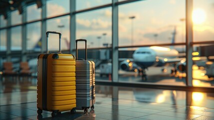Luggage set near an airport window with a plane in the background, capturing the essence of travel and adventure at sunrise.