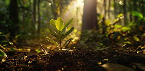 Wall Mural - Young shoots wild plants growing on land with decaying wood of tropical rainforest.