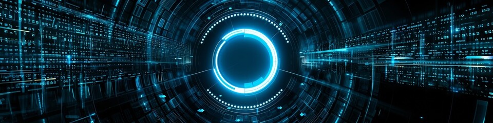 Wall Mural - an abstract technology circle made with computer code in blue and green on a black background.