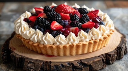 Canvas Print - Berries Filled Cupcake Pie Displayed on a Wooden Platter