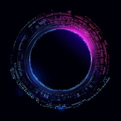 Wall Mural - an abstract technology circle with computer code in vibrant purple and blue on a black background.