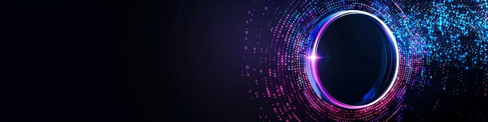 Wall Mural - an abstract technology circle with computer code in vibrant purple and blue on a black background.