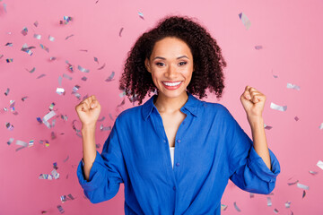 Canvas Print - Photo of gorgeous cute cheerful girl wear trendy blue clothes raise hands fists empty space isolated on pink color background