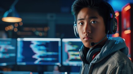The picture of the software developer or programmer working with the computer and data inside the dark room with monitor, the developer require skills like problem solving and program language. AIG43.