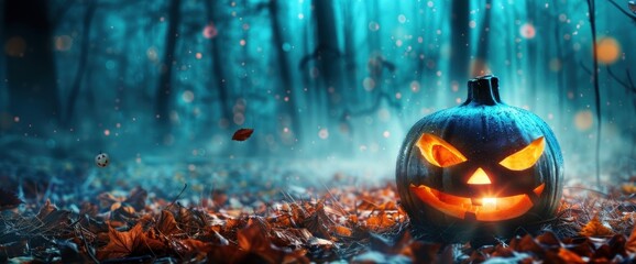 Halloween background. Spooky pumpkin with moon and falling leaves