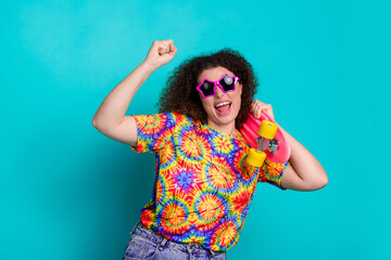 Wall Mural - Photo of positive lovely glad woman wear stylish print clothes have fun good mood isolated on cyan color background