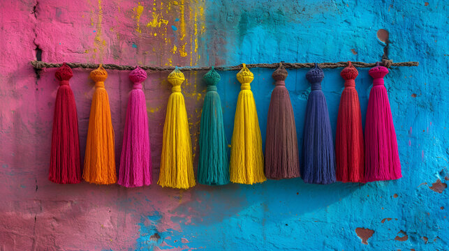Colorful tassels hanging on a wall, adding vibrancy and charm to the space.