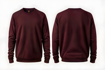 Set of maroon front and back view tee sweatshirt sweater long sleeve on transparent background cutout