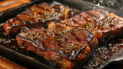 Wall Mural - Cooking a flavorful meat bone or BBQ steak on a sizzling pan