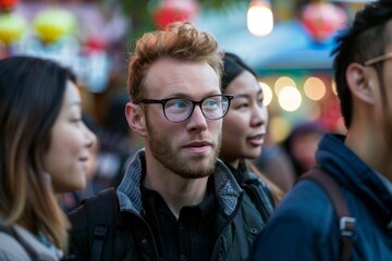 Wall Mural - Portrait of a handsome redhead man with glasses on the street