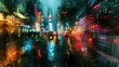 © Justlight - The city skyline becomes a smudged canvas of blurred buildings as blurred neon signs illuminate the dark and rainy atmosphere in a dazzling array of colors. .