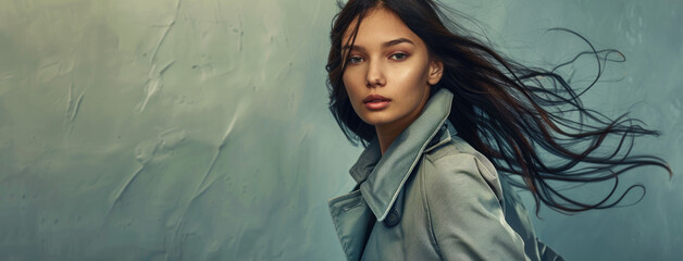 A beautiful woman in an elegant grey trench coat posing with her hair flowing, exuding confidence and style against the backdrop of soft gray lighting