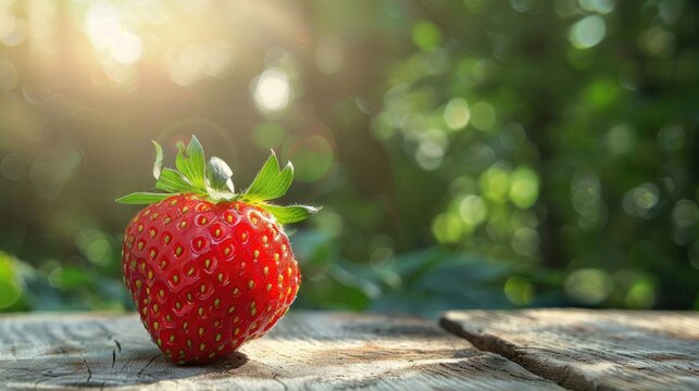 Big strawberry on wooden surface with nature backdrop Focus on fruit