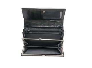 Open Black Leather Wallet with Multiple Compartments and Card Slots