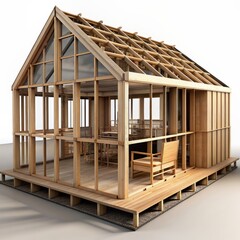 Wall Mural - 3D Render of a timber-framed eco home, on isolated white background, Generative AI