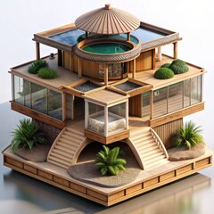 Wall Mural - 3D Render of an eco-friendly resort, on isolated white background, Generative AI