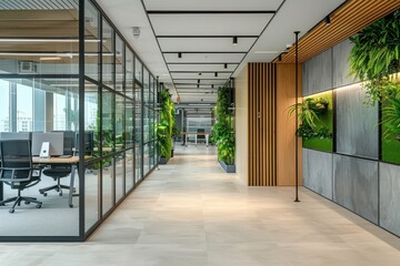 Wall Mural - A long hallway with a lot of plants and glass doors