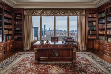 An executive office with a large mahogany desk, a vintage typewriter, classic wooden bookshelves, a large area rug, and elegant drapery framing a wide window view of the city.