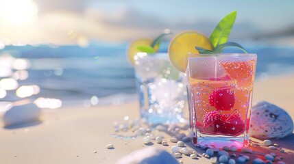 Wall Mural - Exotic Summer Drinks - Blur Sandy Beach on Background

