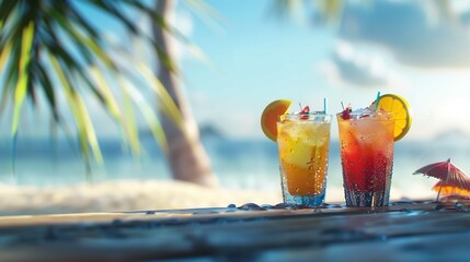 Wall Mural - Exotic Summer Drinks - Blur Sandy Beach on Background


