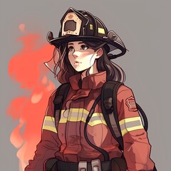 Wall Mural - Illustration of a female firefighter wearing a helmet and a uniform.