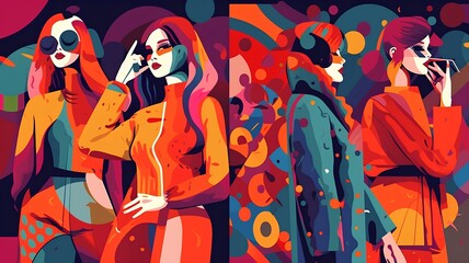 Wall Mural - Fashion illustration of beautiful young women in bright clothes. Vector illustration.