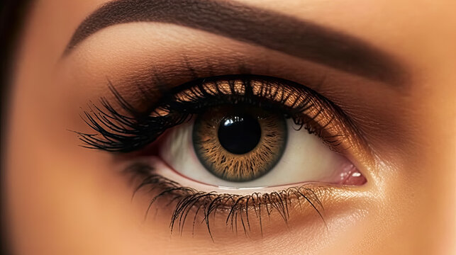 A woman's eye is painted with orange and blue eyeshadow.