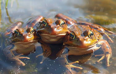 Three frogs in the water, closeups of their faces and bodies