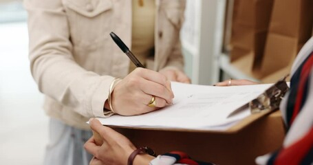 Poster - Hands, clipboard and people with delivery, courier and home with package, commerce and order. Closeup, human and woman with pen, document for signature and parcel with box, distribution and paperwork