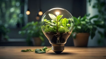 Wall Mural - a brilliant lightbulb with indoor plants and verdant foliage. supports the idea of leveraging sustainable resources and usage data to save electricity bill costs and generate clean, renewable energy